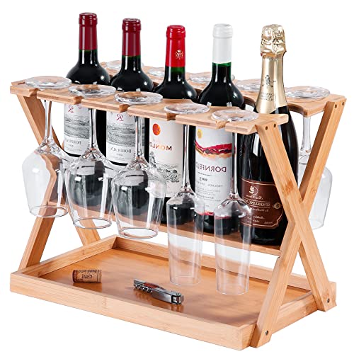 Countertop Wine Rack with Glass Holder, Freestanding Tabletop Small Wine Rack with Cork Tray, Hold 5 Wine Bottles 10 Glasses, Bamboo Wobble-Free Bottle Holder for Kitchen Bar Counter Cabinets