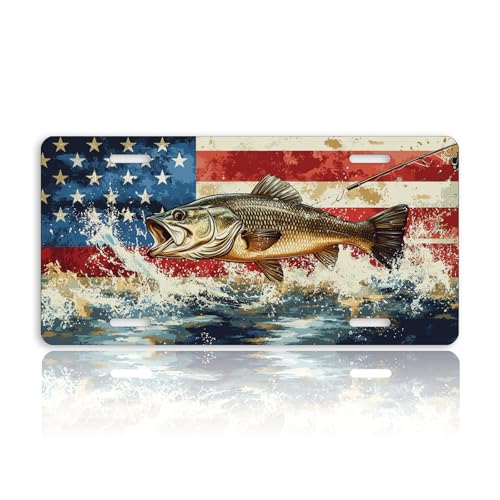 Hunting Bass Fish Front License Plate for Women American Flag Car Vanity Plates Decorative Aluminum Metal Cute Novelty License Plate for Men 6x12 Inch (4 Holes)