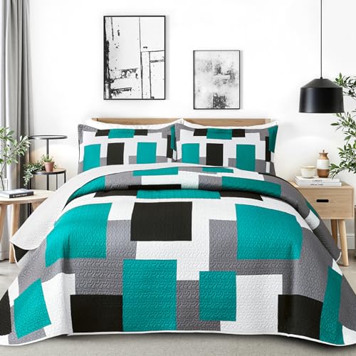 Image of Tyrot 3 Piece Teal /Turquoise Quilt King Size Black White Gray Bedding Set | Lightweight Bedspread, Geometric Coverlet with 2 Sham, Modern Abstract Soft Microfiber, Bed Cover for All Season, 106''x96''