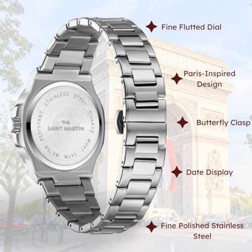 Image of Saint Martin Paris Stainless Steel Watch for Men, Date Display, 40 mm Case, Butterfly Clasp, 3 ATM Water Resistance, Monarch Series