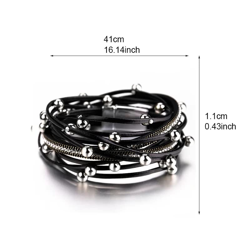Pulseras de Cuero con Cuentas de Metal, Cadena de Cristal para Mujer, Pulsera Envolvente Multicapa Bohemia para Mujer