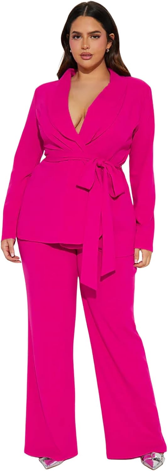 Women 2 Piece Blazer Set Wrap Belted Blazer and Flare Pants Set Lightweight Business Casual Outfit Wedding Suit