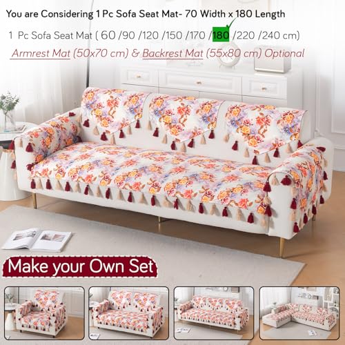 Image of HOKIPO Printed Holland Velvet Sofa Cover with Tassel for 1 /2 /3 Seater & L Shape Sofa | Make Your Own Set, 'Whispers of Nature' Sofa Mat, 70(W) x 180(L) cm, Vintage Rose Bloom (IN-1122-D12)