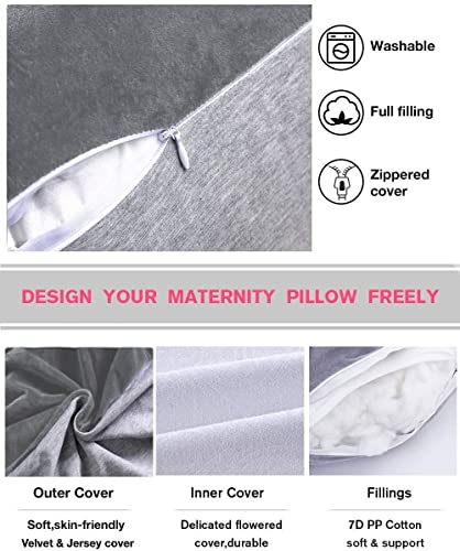 Image of 60in Full Body Pillow | Nursing, Maternity and Pregnancy Pillow | Extra Large U Shape Pillows with Detachable Side, Separate Support Pillow and Removable Cover (Velvet and Jersey Grey)