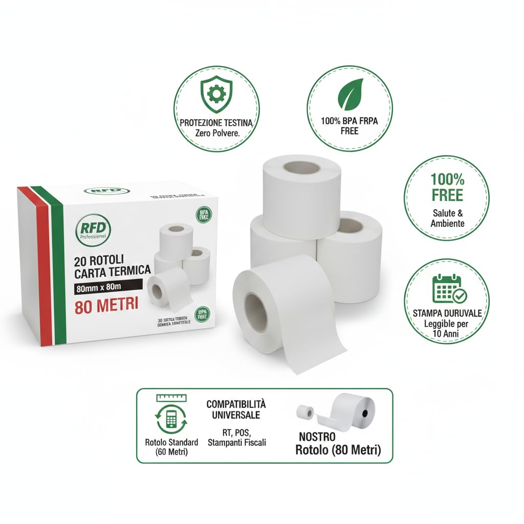 Carta Termica 80x80x12mm 20 Rotoli BPA Free Omologati per Stampante Fiscale POS Epson