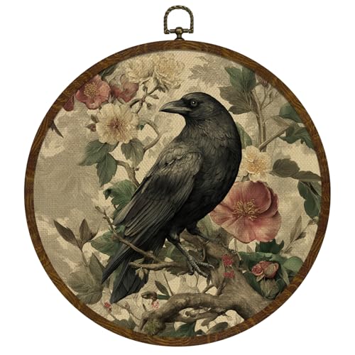 KLYTINK Vintage Raven Crow Round Wall Art,Gothic Botanical Canvas Print with Frame, Cottagecore Dark Bird Circular Home Decor for Bathroom, Living Room, or Unique Gift for Women 10x10In(BY0620)