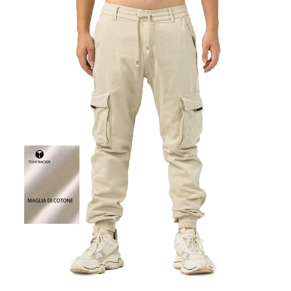 TONY BACKER Pantaloni Cargo Uomo in Maglia di Cotone Multitasche Laterali Casual e Chiusura Coulisse e i Lacci nella Vita 7905