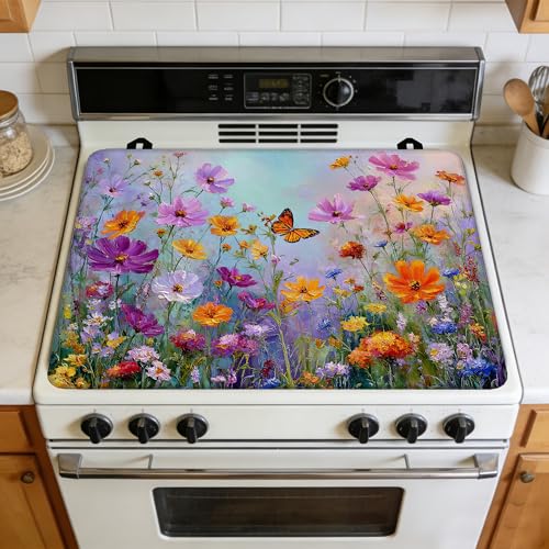 Image of Colorful Flowers Butterflies Stove Top Covers Pad 28 x 20 inches Dish Drying Mat Coffee Bar Mats Kitchen Decor Absorbent Pad Fit Coffee Maker Machine Dish Drying