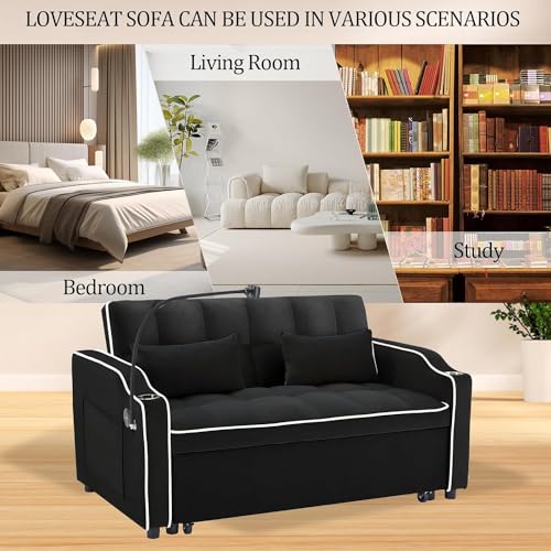 SPOWAY 3 in 1 Sleeper Sofa Couch Bed, Velvet Convertible Loveseat Sleeper Sofa with USB Port and Ashtray & Swivel Phone Stand, Storage Pockets, Pull Out Loveseat Sleeper for Living Room, Black