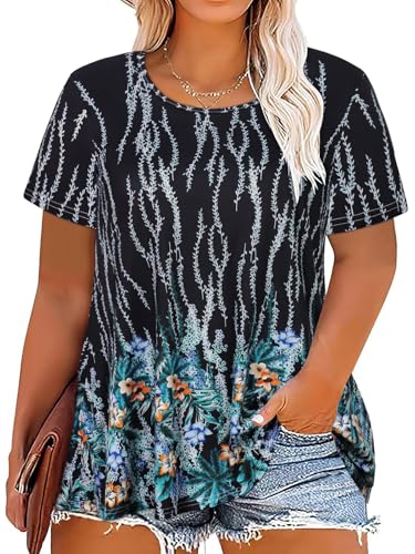 Image of JOELLYUS Plus Size Tops for Women Tunic Floral Casual Short Sleeves T Shirts Flowy Blouses 2026