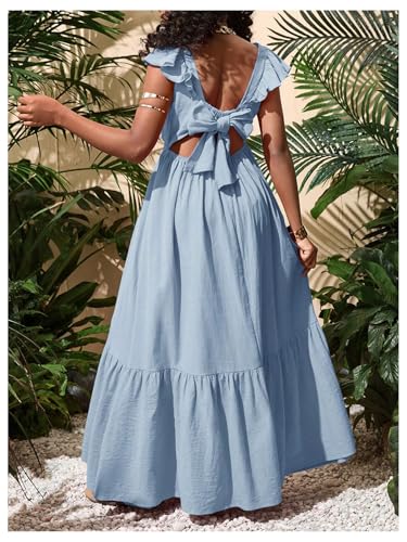 SHENHE Girl's Summer Tie Back Bow Flutter Sleeve Square Neck Ruffle Hem Swing Maxi Dress4