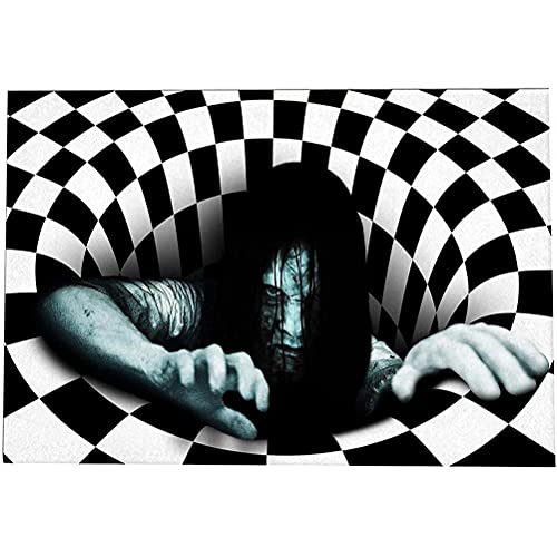 Yorimi Halloween Teppich Rund Visual Halloween Teppich Horror Fußmatte 3D Swirl Print Optische Täuschung Teppich Anti Rutsch Tür Bodenmatte Schwarz und Weiß Plaid Teppich Cover