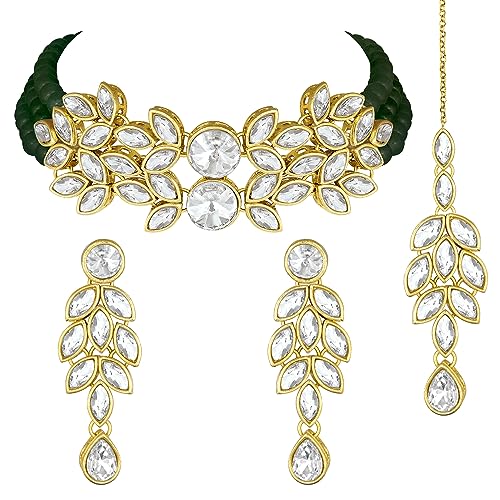 Image of Peora Gold Plated Bridal Crystal Pearl Choker Necklace with Drop Earrings Traditional Jewellery Set for Women