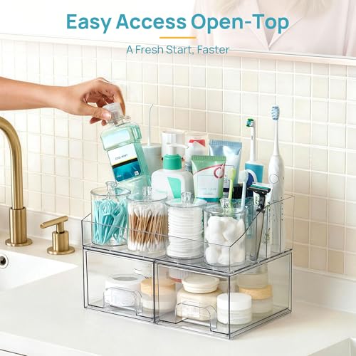 Image of Vtopmart 7 PCS Bathroom Countertop Organizer, 1 Divided Tray with 4 Qtip Holder Jars and 2 Drawers, Restroom Clear Organizers for Toothbrush, Cotton Pads, Vanity Accessories Storage Set
