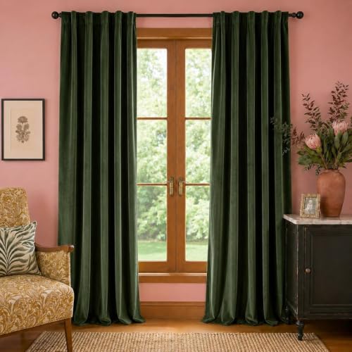 Image of Moss Earthy Curtains Luxury Rod Pocket 52x84 Inch 2 Panels | Soft Velvet, Room Darkening, For Bedroom & Living Space, Light Shifting Texture, Elegant Drape, Calm