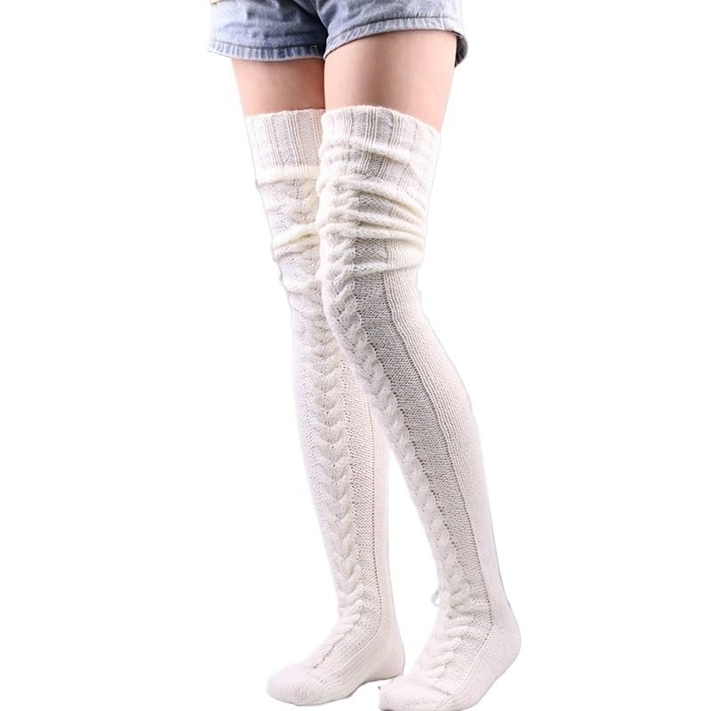 Calcetines Largos Bonitos Calentadores de piernas de Punto de Lana Medias de pie otoño Invierno Mujer hasta la Rodilla Ocio Suelto(White,105CM)