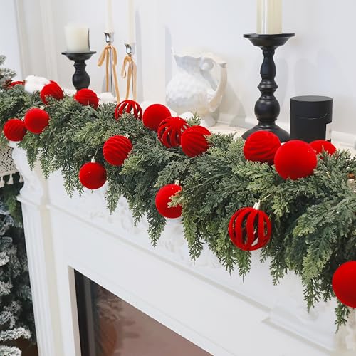 Image of 3.15In Red Velvet Christmas Ornaments Set,12Pcs Flocked Ornaments Balls