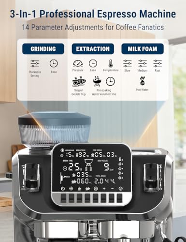 Image of COSTAR Professional Espresso Machine with Grinding & Frothing, 20 Bar Coffee Machines with LED Screen, Coffee Maker Machine for Home /Office, 1.8L Removable Water Tank for Cappuccino, Latte