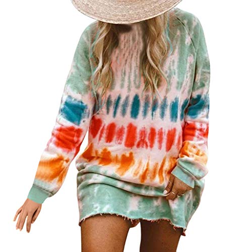 FarJing Womens Casual Midi Dress Tie-Dye Sweatshirts Long Sleeve Round Neck Swing Loose T Shirt Dresses Club Mint Green
