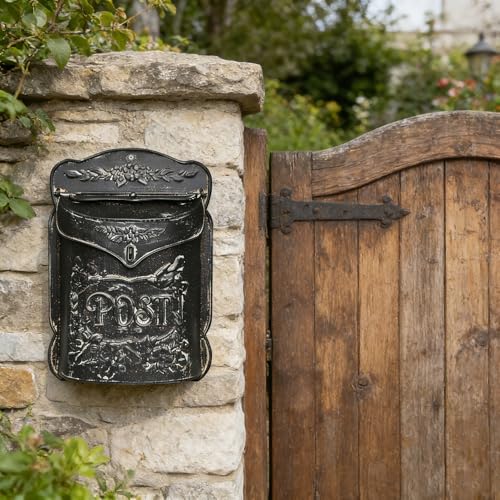 Image of Wall Mount Mailbox for Outside Vintage Mail Boxes for House Outside Metal Door Mailbox Drop Box Antique Style Nostalgic Charm Home Decorative, Flower Pattern, Black