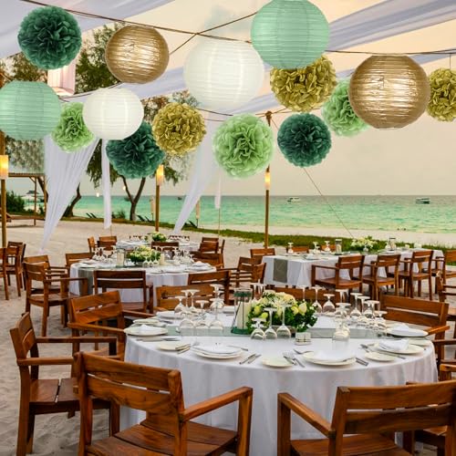 Image of KAXIXI 15pcs Hanging Party Decorations Set, Sage Green Gold Paper Flowers Pom Poms Balls and Paper Lanterns for Rustic Party Bridal Shower Wedding Sage Green Birthday Party Supplies, LanternPomPom008
