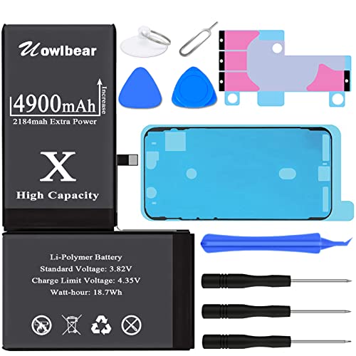 Battery for iPhone X, 4900mAh uowlbear High Capacity Battery for A1865 A1901 A1902 with Complete Replacement Kits, 2 Set Adhesive Strips and Seal -0 Cycle