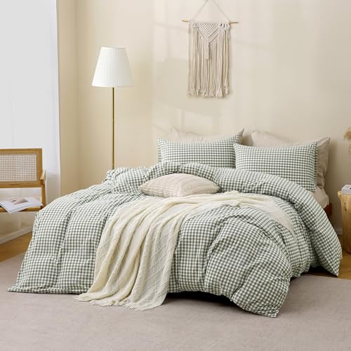 Image of TOCOMOA Green Gingham Duvet Cover Bedding Set 100% Washed Cotton Like Linen Feel Super Soft Comfortable 3 Piece Vintage Plaid Checkered Comforter Cover Set (Queen 90 inchx90 inch, Comforter Not Included)