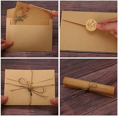 72Pcs Vintage Kraft Paper Envelopes, Kraft Stationery Paper with Envelopes, Seal Stickers, Hemp Ropes Aged Envelopes Antique Letter Paper Sets Brown Handmade Gifts for Writing, Birthday, Christmas