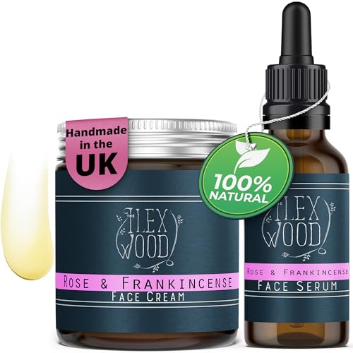 The Ilex Wood - 100% Natural Handcrafted Face Care Vegan Moisturising Anti Ageing Wrinkle and Line Reducing Ingredients (Rose and Frankincense Gift Set - Face Cream and Serum)