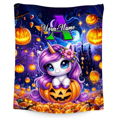 Halloween Blanket, Personalized Unicorn Blanket for Girls, Custom Kids Throw with Initial, Gifts for Girls, Cute Flannel Throw for Toddler Child (4 Sizes Choose)