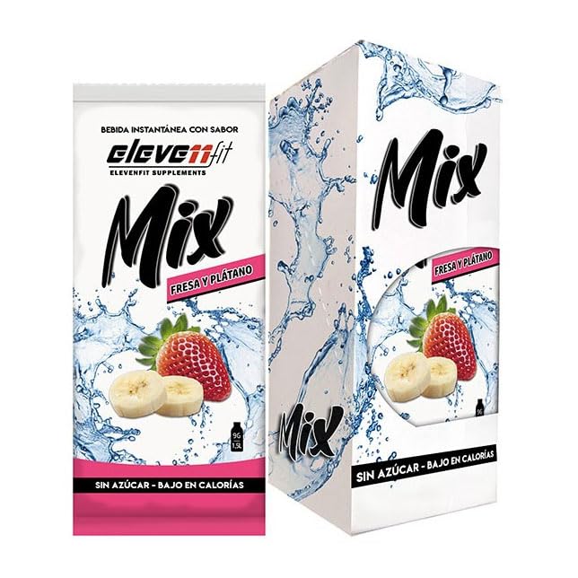 Bebida Mix 12 sobres Sabor Plátano y Fresa – Pack 12 Sobres Saborizante Plátano & Fresa 9 g | Preparado Instantáneo sin Azúcar | Hasta 18 L de Bebida Refrescante | Sabor Frutal