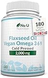 Nu U Nutrition - Flaxseed Oil Capsules 2000mg - 180 Vegan Softgels - Rich Source of Vegan Omega 3 6 9 - Cold Pressed - 3 Month Supply - Made in the UK