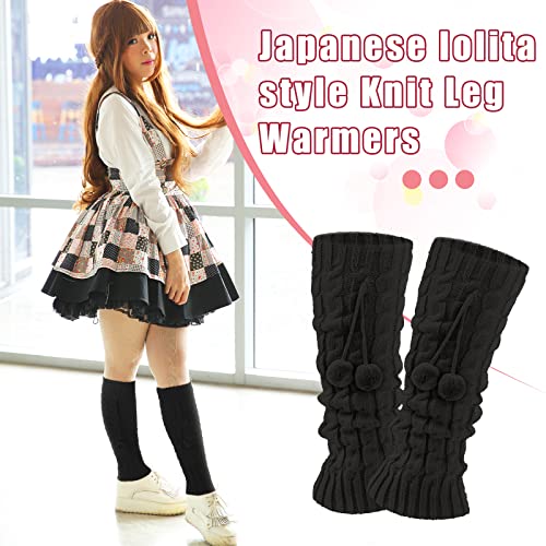 Eurzom 3 Pairs Kawaii Winter Knitted Leg Warmers Knee High Loose Socks Japanese Style Leg Warmers For Girls Women (White, Pink, Black, Wool Balls) #TOP1