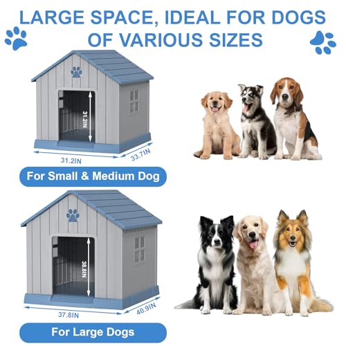 38\'\' Dog House Outdoor Indoor, Durable Waterproof Plastic Kennel for Small to Large Dogs, Easy Assembly with Air Vents and Elevated Floor (37.8\'\'L x 40.9\'\'W x 38.8\'\'H, Blue)