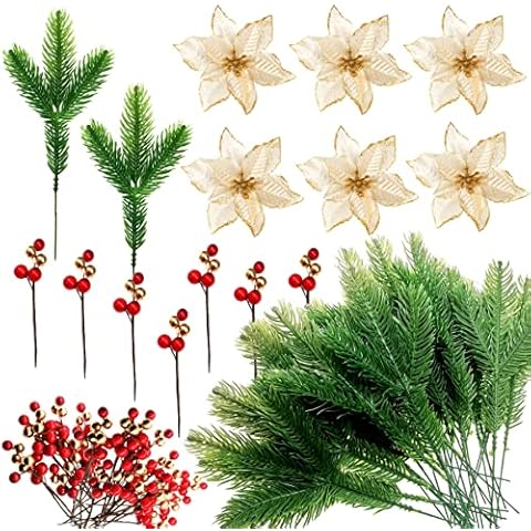 Luccyle Christmas Pine Needles Set,36 Pieces Artificial Pine Tree Branches +20 Christmas Holly Berries+6 Christmas Flowers for Christmas Tree Ornaments,Wreath Making Supplies,Xmas Party Decorations Cover