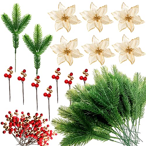 Luccyle Branches de Pin de Noël Artificielles, 36 Aiguilles de Pin de Noël + 20 Baies de Houx + 6 Fleurs de Noël,Branches d'arbre de Pin en Plastique de Noël pour DIY Guirlande Fête de Noël Vacances Cover