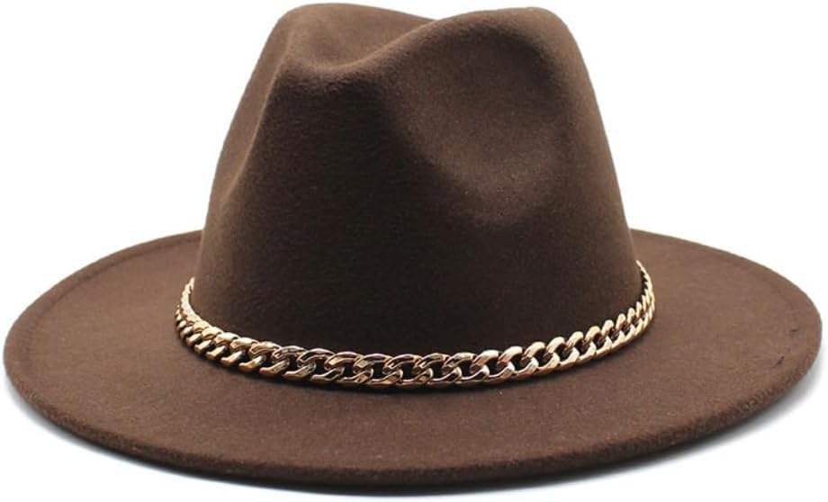 Wide Brim Fedora Hat with Gold Chain Band, White Wool Felt, Classic Western Style