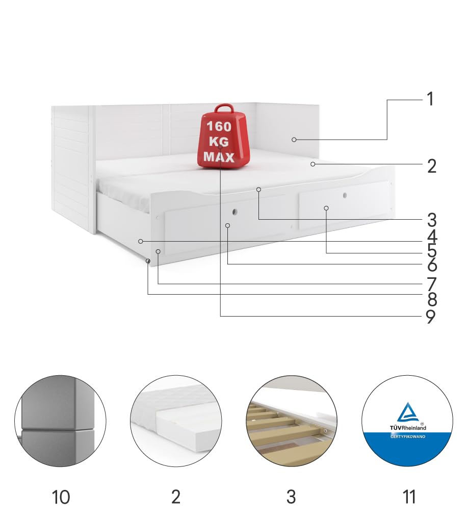 Interbeds Hermes Ausziehbares Bett Kojenbett 80x200 auf 160x200 cm Tagesbett Doppelbett Funktion Schlafsofa mit 2 Schubladen, MDF & Holz, Gästebett Kinder Jugend Erwachsene (weiß)