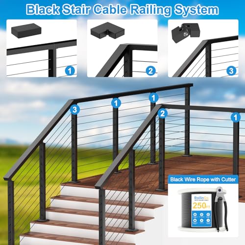 RailinGo 4\' Rectangular Cable Railing Handrail, Black Stainless Steel Handrail with Nylon End Caps for Stair Cable Railing System, 4FT Flat Top Cuttable Deck Cable Rail Post Handrail, RG01-H - Thumbnail 5