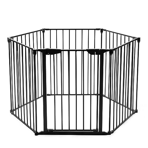 COSTWAY Cancelletto Pieghevole in Ferro per Camino e Scale, Cancello con 6 Pannelli per Bambini, Cani e Gatti, Barriera Protettiva da Interno ed Esterno, 2 Colori Disponibili, 380 x 74,5cm (Nero)