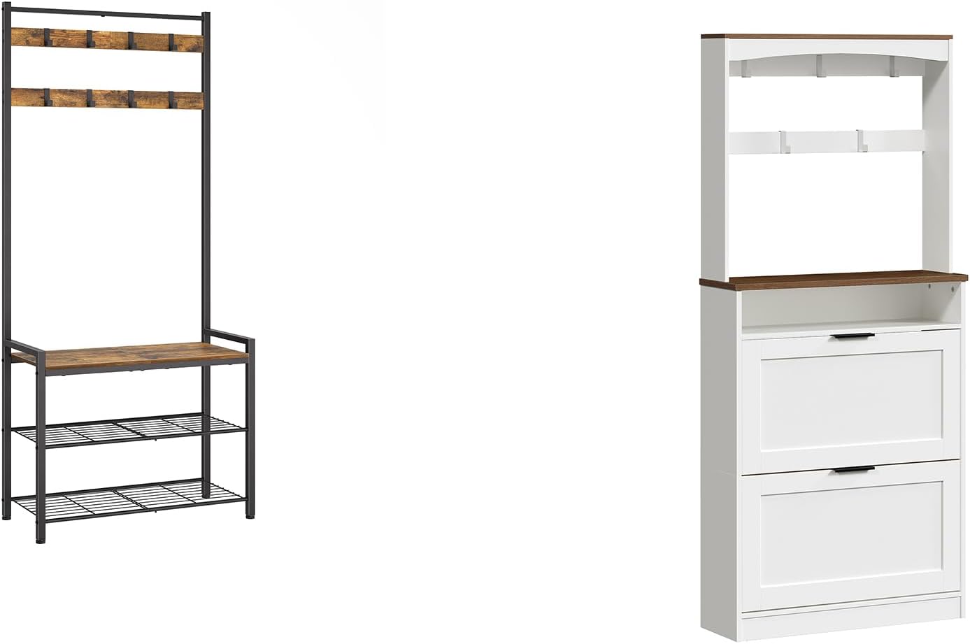 Hall Tree, Coat Rack with Shoe Bench, Entryway Bench with Shoe Storage, Tall Shoe Cabinet with Flip Drawers and Coat Rack, MT01BR-SC01WHY1