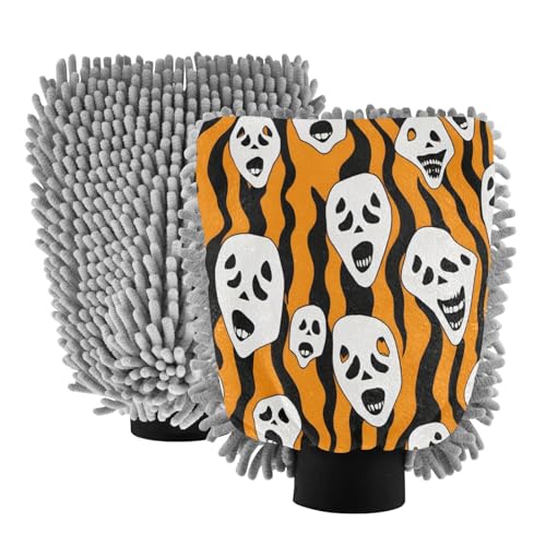 ALAZA Ghost Halloween Car Wash Mitt Scratch Free, 2 Pack Absorbent Microfiber/Chenille Washing & Drying Mitts, L