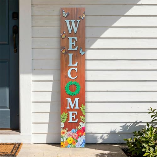 Hentonwell Vertical Wooden Welcome Porch Sign,Rustic Spring Porch Standing Sign,Decorative