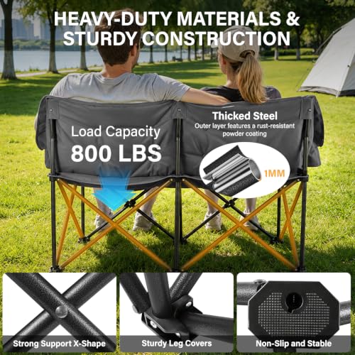 Silla doble de camping para adultos, silla loveseat acolchada resistente, gris miniatura 4
