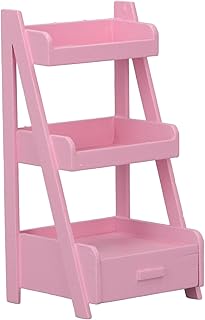 SPYMINNPOO Dollhouse Flower Plants Rack, Flower Stands 3 Layers Hand Crafted Birch Wood Doll House Flower Shelf with Storage Drawer (Pink)