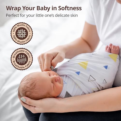 Image of LuvLap 100% Cotton Muslin Baby Swaddle Set, Baby Towel, Size-120cm x 100cm (47 inchx39 inch), Triangles Birds & Balloons Printed on White, Printed Mulmal Muslin Swaddle Wrap for New Born, Pack of 15
