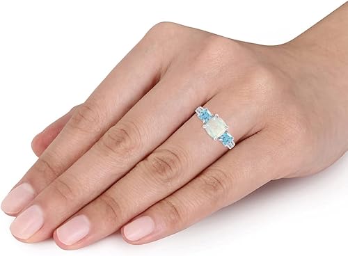 Miniatura 6 de Diseño de tres piedras, centro de 0.236 pulgadas, corte cojín, ópalo blanco natural y lado de 0.157 pulgadas, piedra preciosa de topacio azul suizo