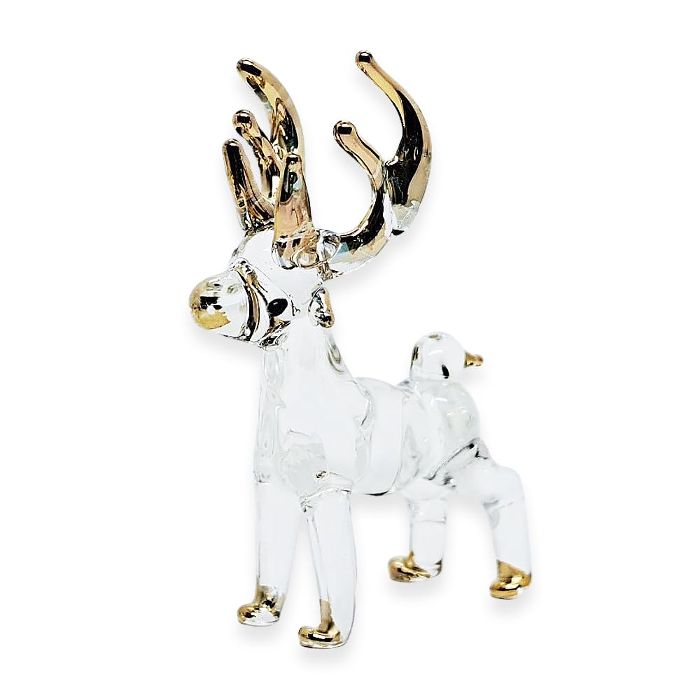 WitnyStoreTiny 2¼" Long Clear Gold Standing Stag Deer Figurine - Miniature Hand Blown Painted Glass Animals Hart Buck Doe Fawn Reindeer Crystal Decorative Collectible Figurines Home Décor Gifts