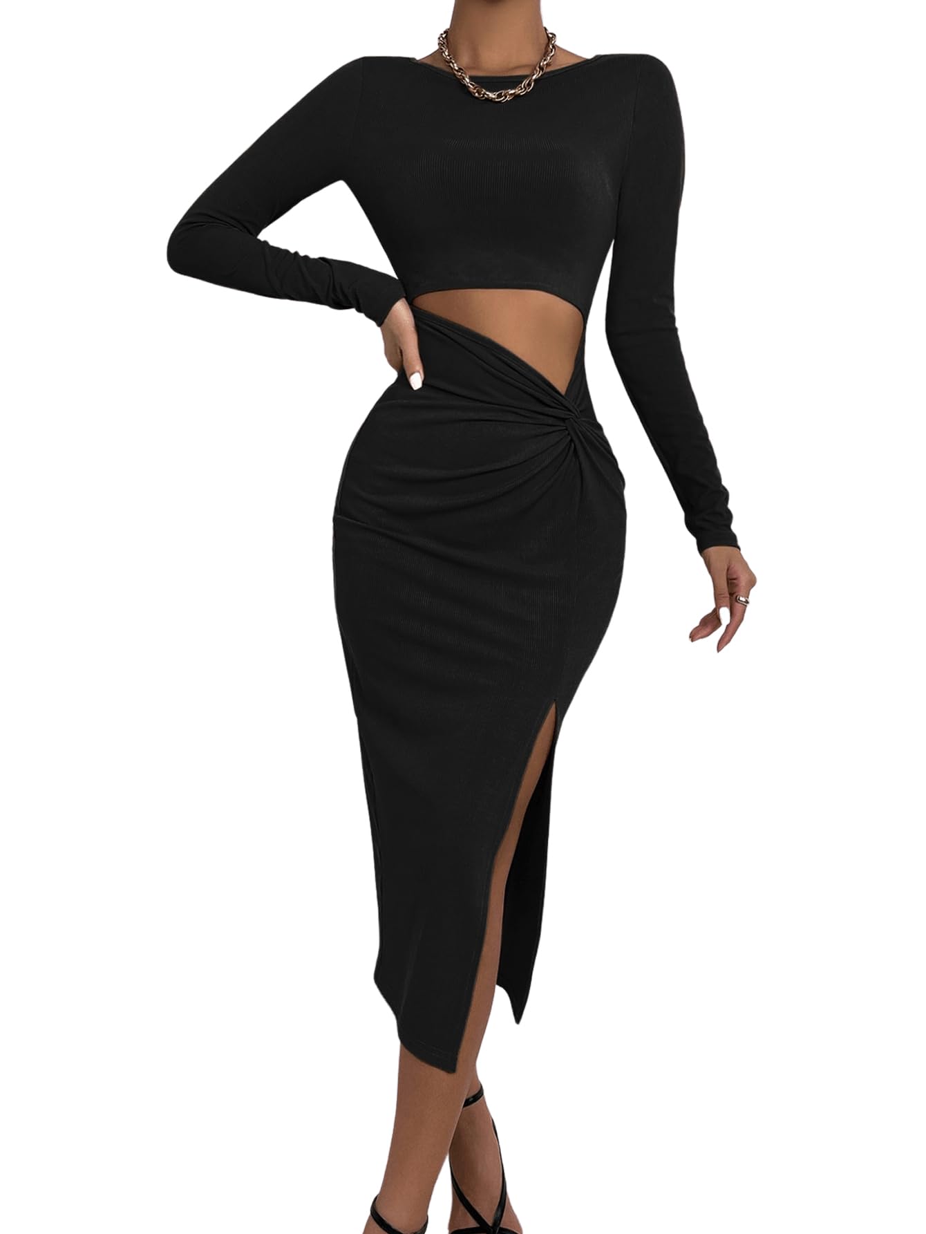 GORGLITTER Vestido ajustado para mujer, con abertura, vestido de fiesta, vestido de fiesta, vestido midi trenzado, vestido vintage, elegante vestido informal