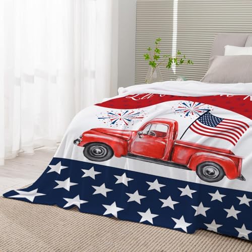 Image of YeeJu Patriotic Throw Blanket Queen Size Big 4th of July Memorial Day Fourth of July Blanket Bed Couch Soft Fleece Blanket Stars and Stripes Red White Blue American Flag Veteran Blanket 90x90